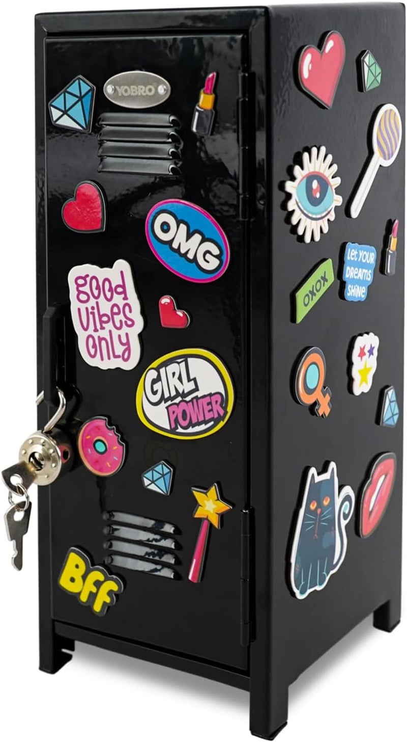 YOBRO Mini Locker with Lock and 2 Keys, 24PCS Magnetic Stickers, Miniature Storage Locker for Desk, Home, Bedroom, Office, Black - Image 1